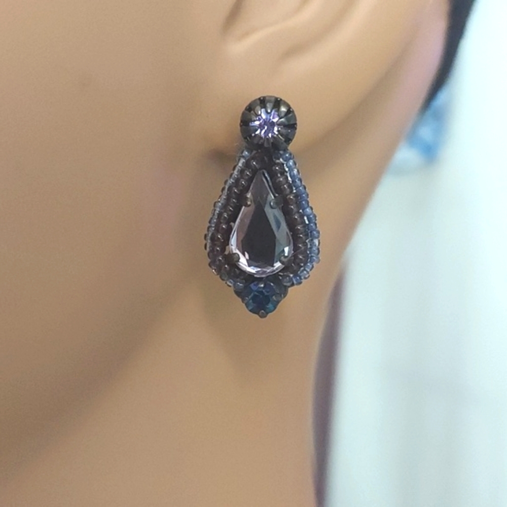 Estate Cobalt Purple & Green Black Brass CZ stone Evening Beaded Earrings